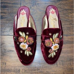 Sam Edelman "Paighton" Red Velvet Embellished Mules Shoes